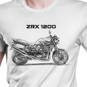 White T-shirt with Kawasaki ZRX 1200. Gift for motorcyclist.