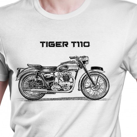 White T-shirt with Triumph Tiger T110. Gift for motorcyclist.
