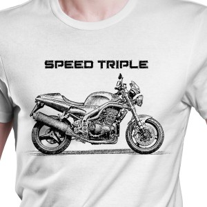 White T-shirt with Triumph Speed Triple T509. Gift for motorcyclist.