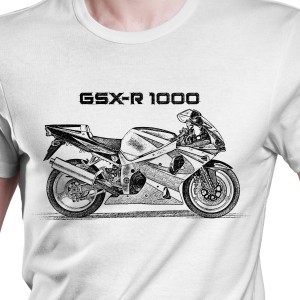 White T-shirt with Suzuki GSXR 1000. Gift for motorcyclist.