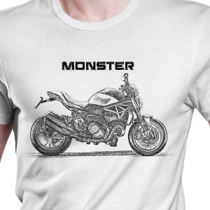 White T-shirt with Ducati Monster 1200. Gift for motorcyclist.