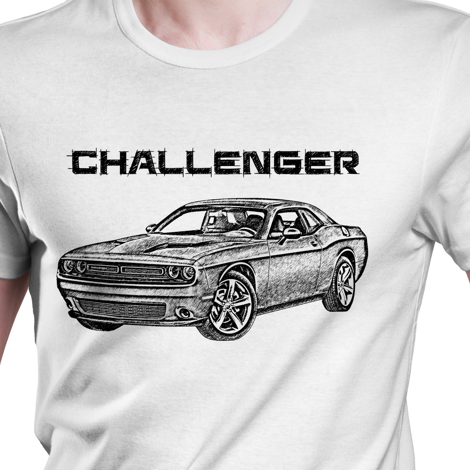 White T-shirt with Dodge Challenger. Gift for Muscle Car Lovers.