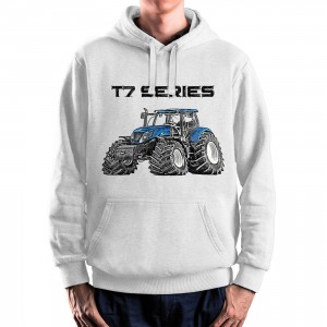 WHITE hoodie with New Holland T7 Series. Best gift for men.
