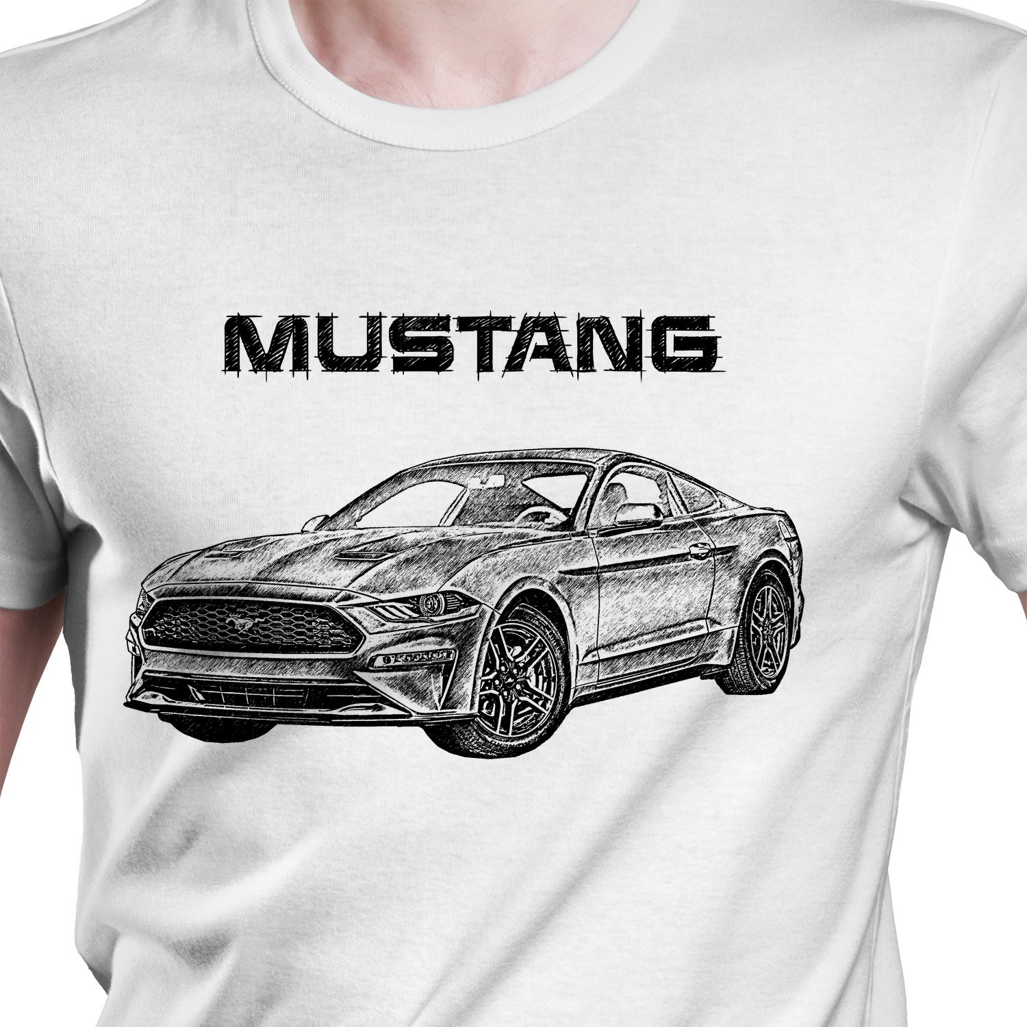 White T-shirt with Ford Mustang VI generation. Gift for Muscle Car Lovers.