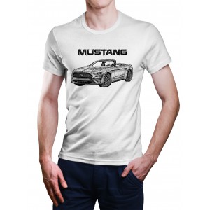 White T-shirt with Ford Mustang VI generation convertible for muscle cars enthusiast.
