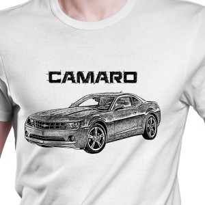 White T-shirt with Chevrolet Camaro V generation. Gift for Muscle Car Lovers.