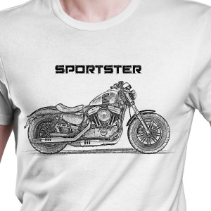 White T-shirt with Harley Davidson Sportster. Gift for motorcyclist.