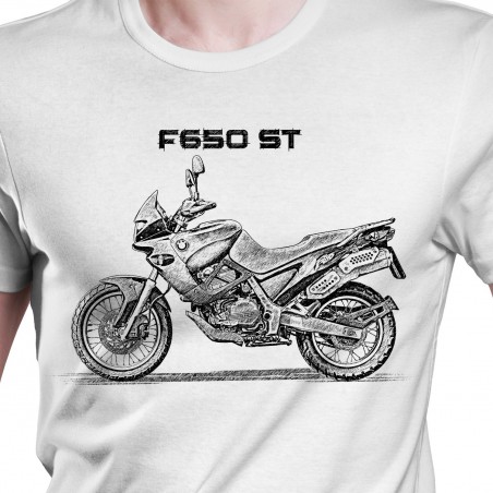 White T-shirt with BMW F650 ST. Gift for motorcyclist.