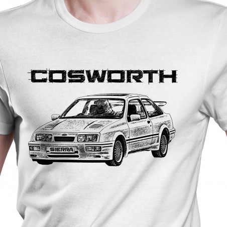 White T-shirt with Ford Sierra RS Cosworth. Gift for Muscle Car Lovers.