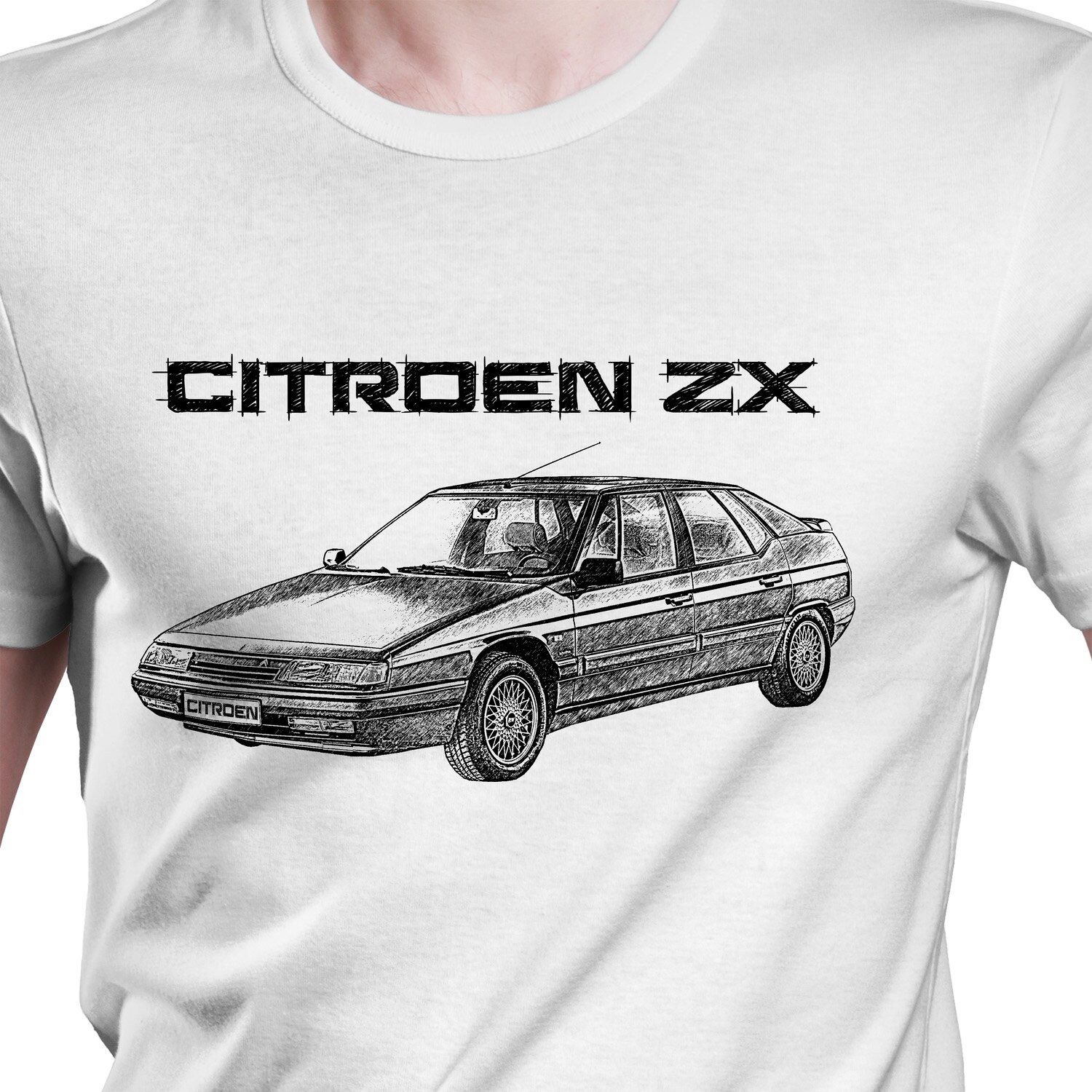 White T-shirt with Citroen ZX. Gift for Muscle Car Lovers.