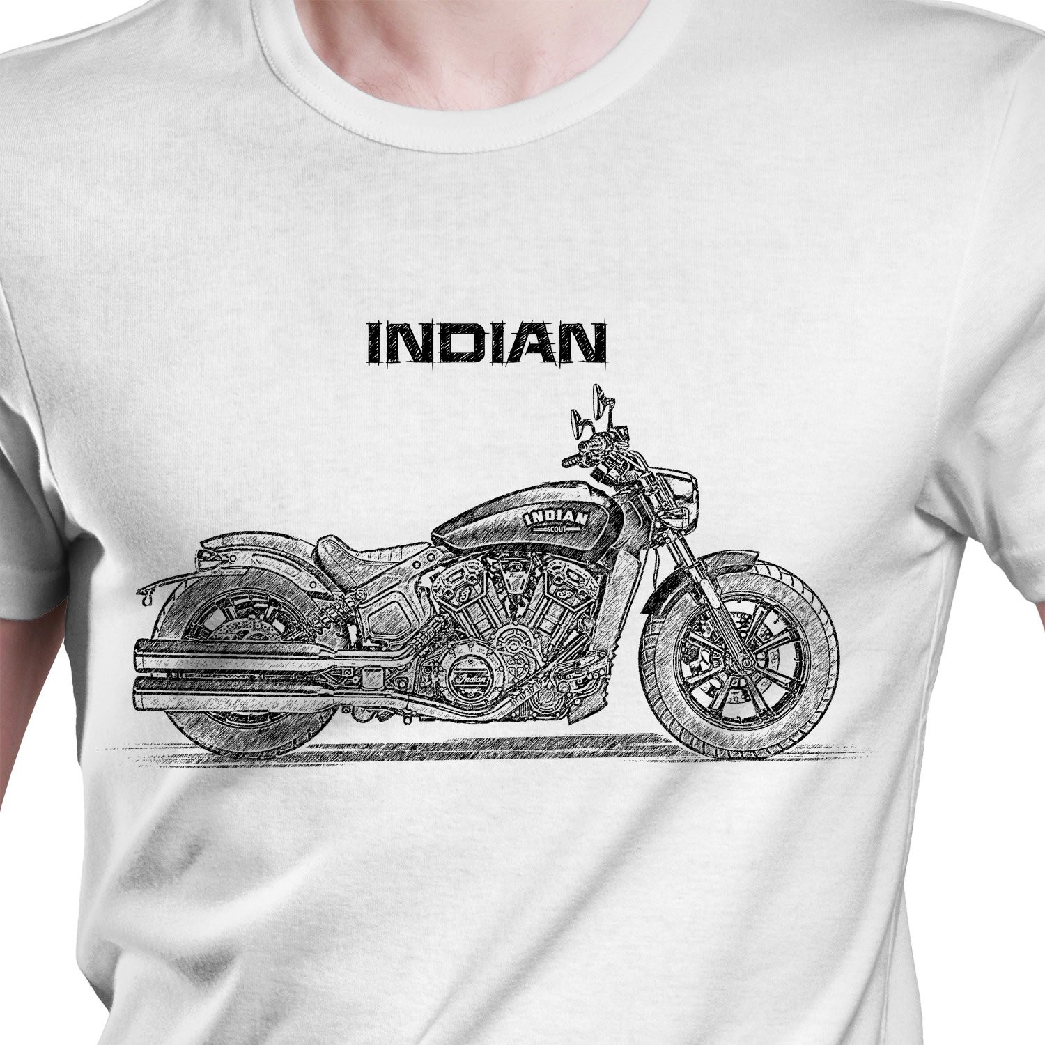 White T-shirt with Indian Scout Bobber. Gift for motorcyclist.