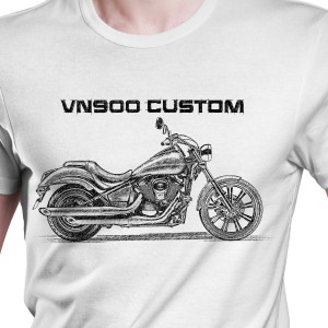 White T-shirt with Kawasaki VN 900 Custom. Gift for motorcyclist.
