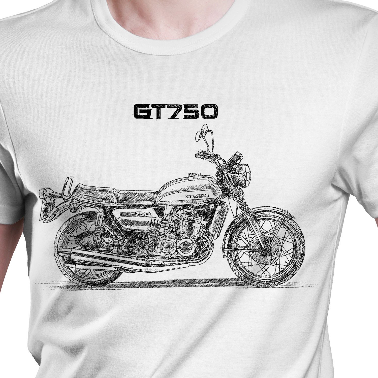 White T-shirt with Suzuki GT750. Gift for motorcyclist.