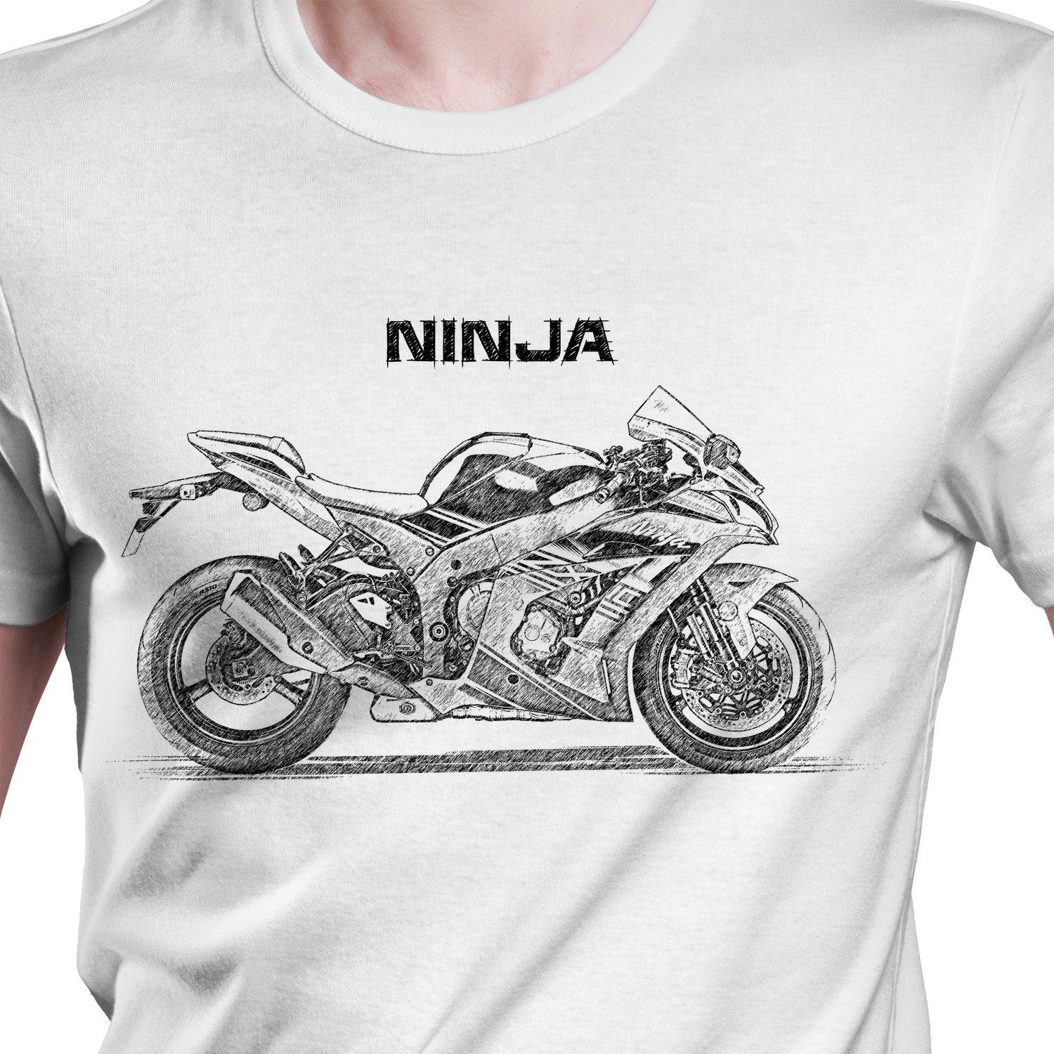 White T-shirt with Kawasaki Ninja ZX10R. Gift for motorcyclist.