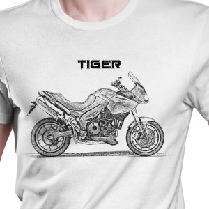 White T-shirt with Triumph Tiger 1050. Gift for motorcyclist.